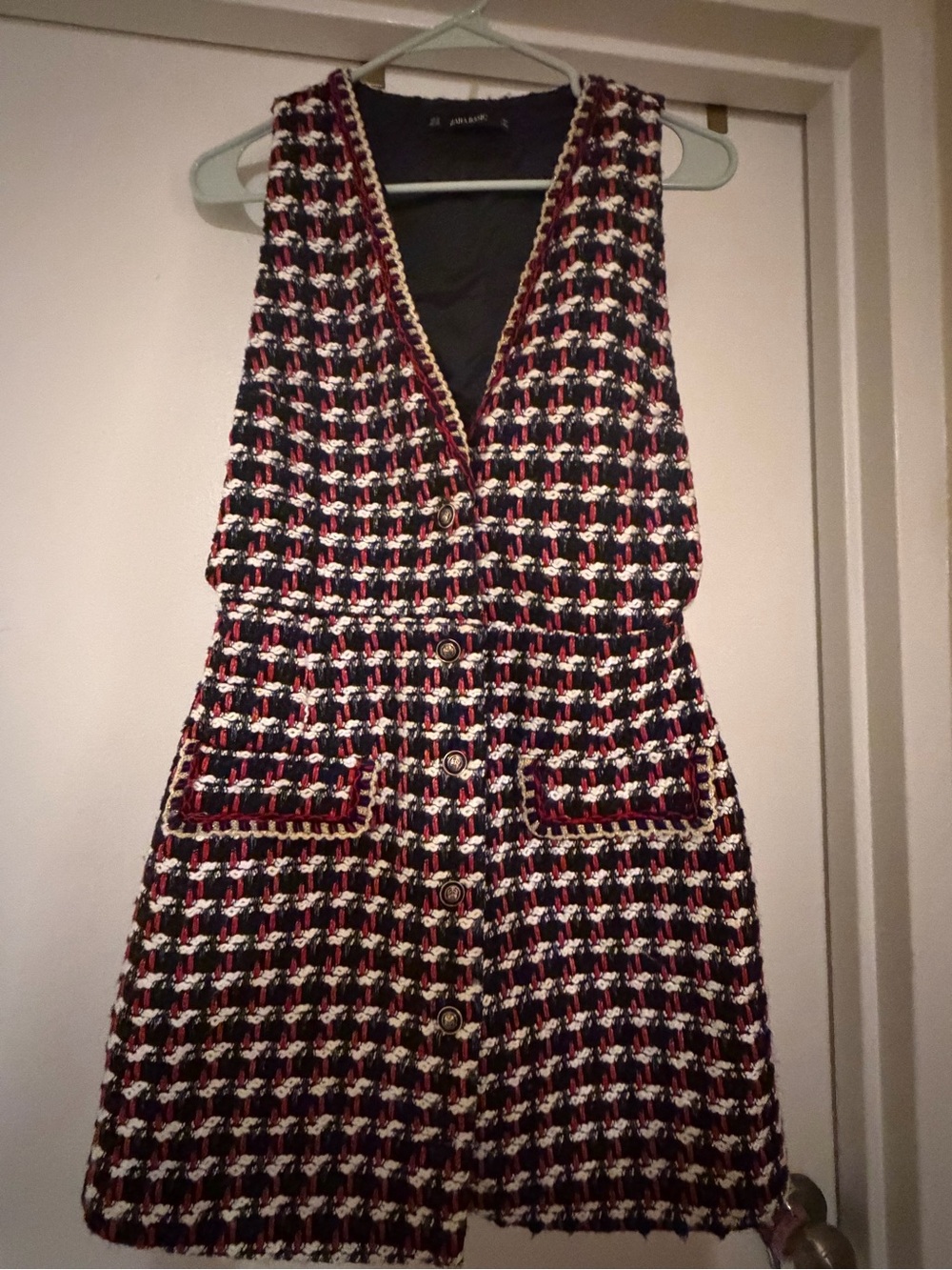 Zara Black White Red Tweed V-Neck Mini Dress with Gold Trim